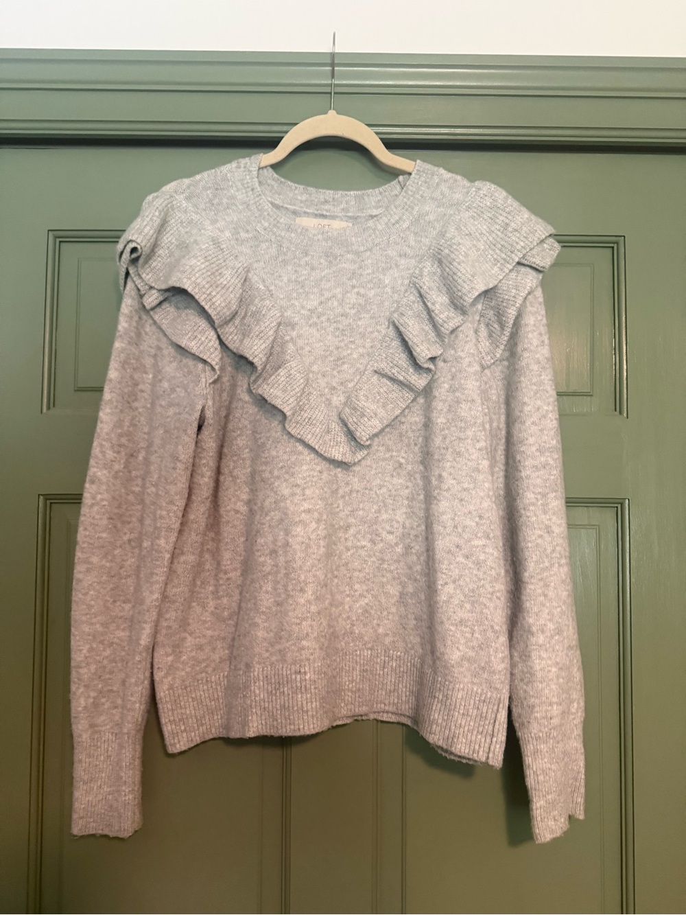 LOFT Light Gray Ruffle Yoke Sweater